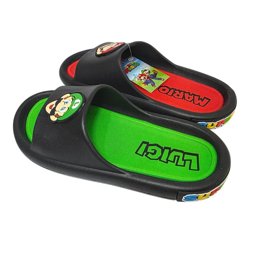 Nintendo Super Mario Slides Sandals Kids Size 3 & 5 Mario Luigi Black Green